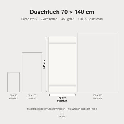 Größenvergleich: Duschtuch 70 x 140 cm in weiß – maßstabsgetreue Infografik