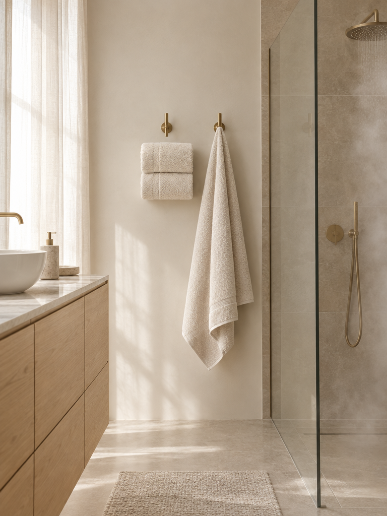 Duschtücher aus Frottee in Creme hängen an Haken neben der Dusche