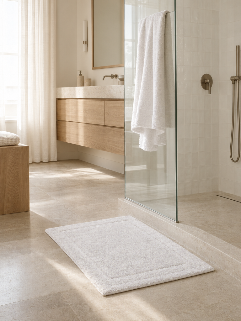 Duschvorleger aus Frottee vor einer Dusche mit Glaswand