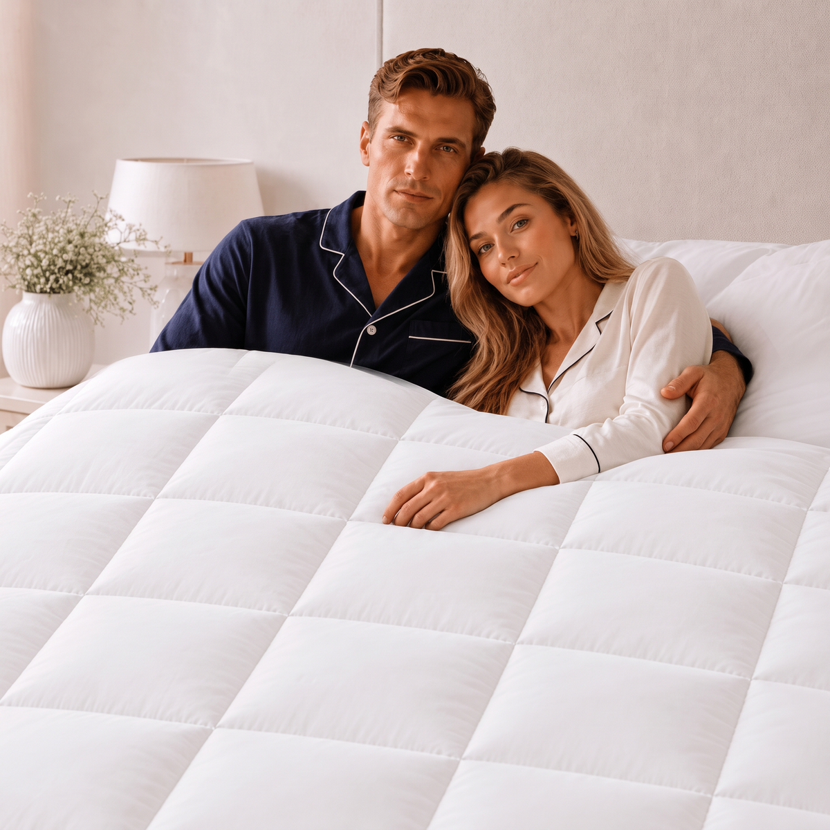 Paar im Bett unter der Entendaunen Bettdecke mit Kassetten