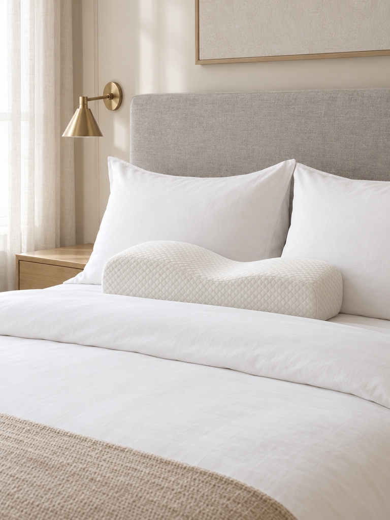 Ergonomisches Nackenstützkissen auf einem Bett im Hotelstil