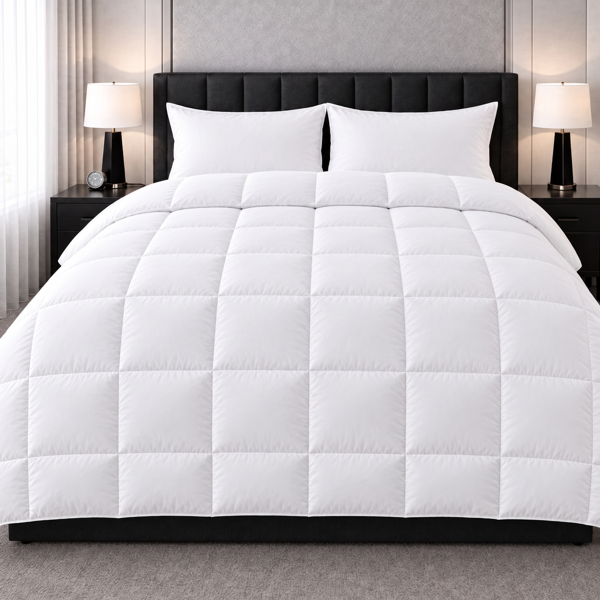 Schlafzimmer mit gemachtem Bett und weißem Federbett