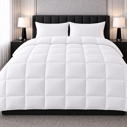 Schlafzimmer mit gemachtem Bett und weißem Federbett
