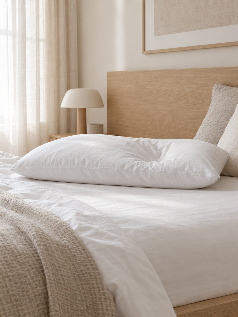 Schmales Federkissen 40x80 für Seitenschläfer auf einem hellen Bett