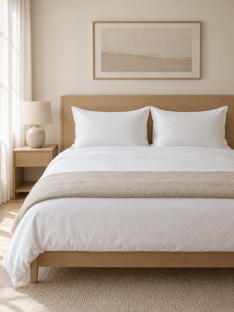 Federkissen in Weiß auf einem Bett mit Kopfteil aus heller Eiche