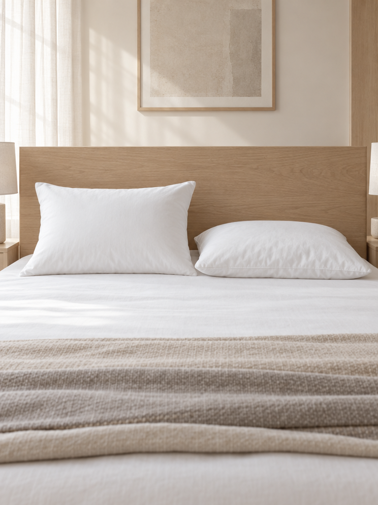 Festes Kopfkissen 80x80 neben einem flachen Kissen auf einem Bett