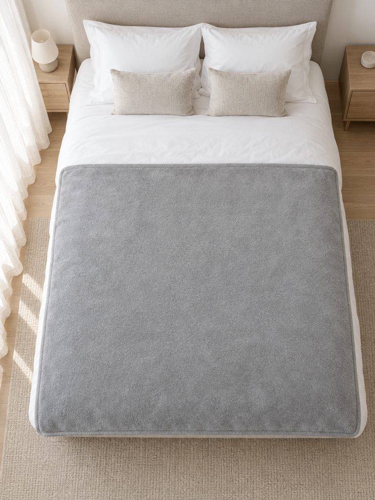 Fleecedecke 150x200 in Silbergrau ausgebreitet auf einem Bett
