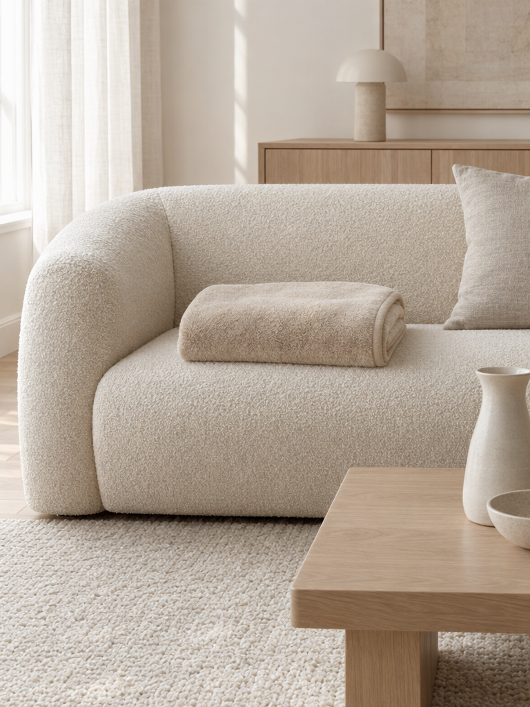 Fleecedecke in Beige gefaltet auf einem hellen Sofa im Wohnzimmer