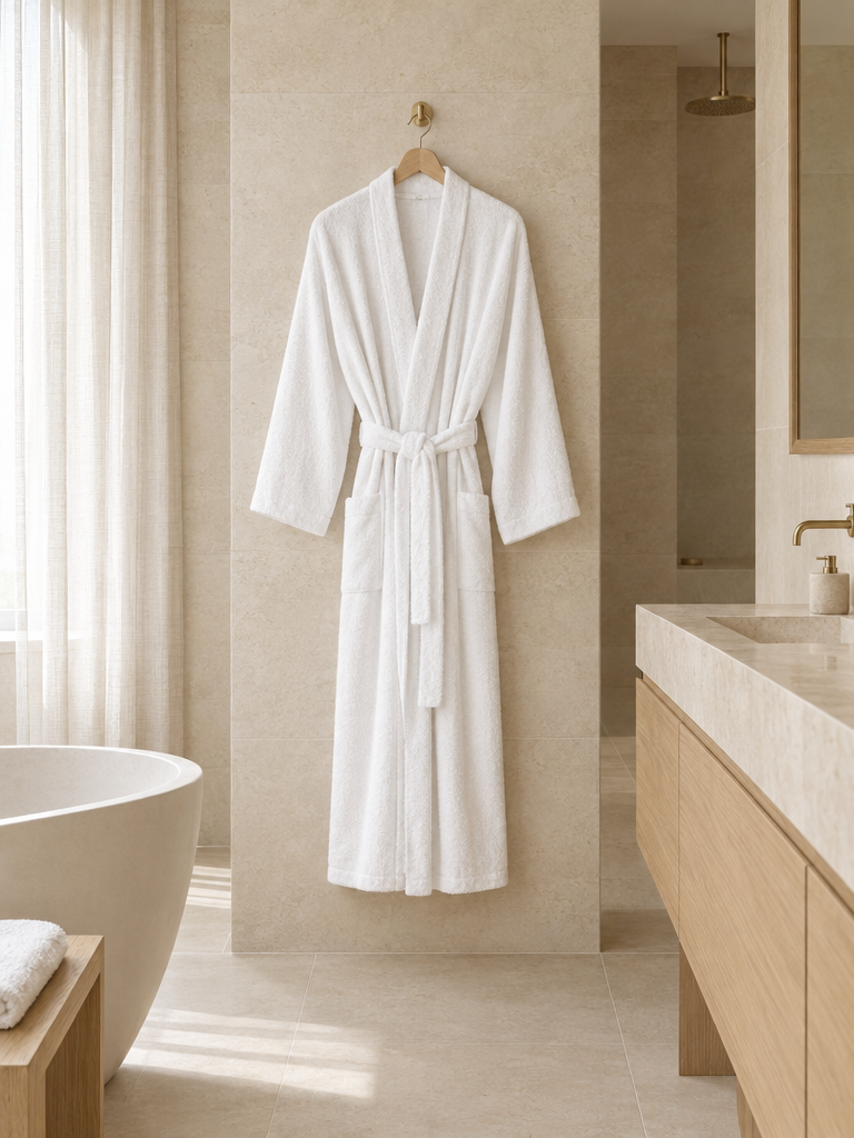 Frottee Bademantel Damen weiß in Kimono-Form an einem Bügel vor heller Steinwand
