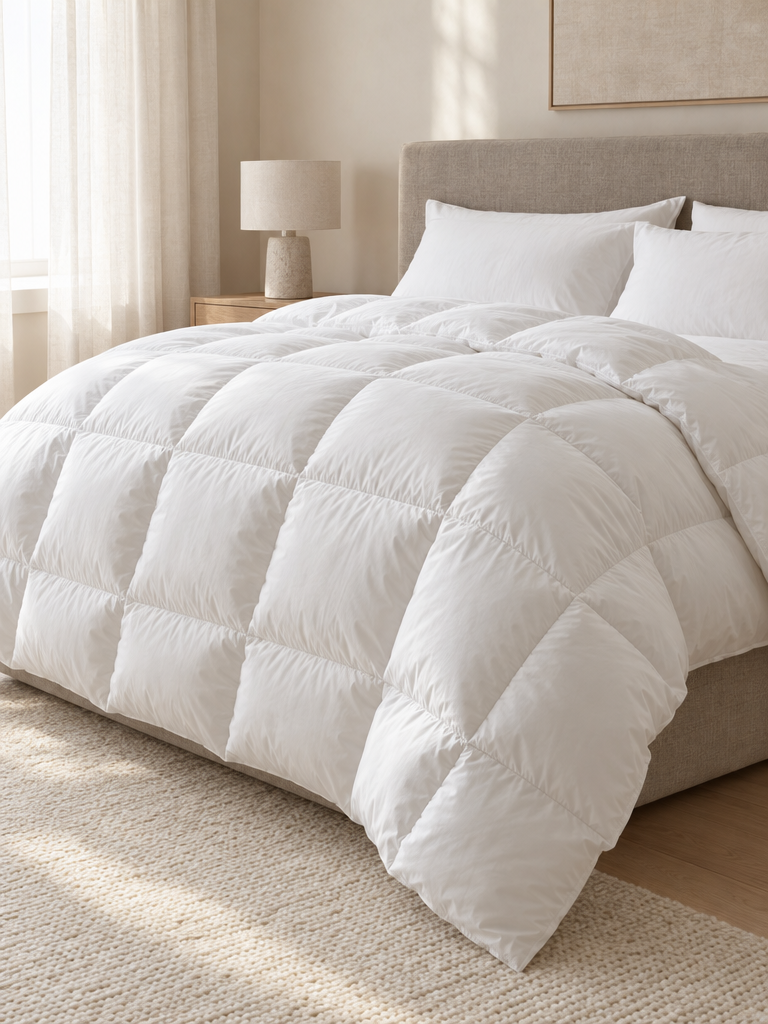 Gänsedaunen Bettdecke auf einem Bett mit gepolstertem Kopfteil in Taupe