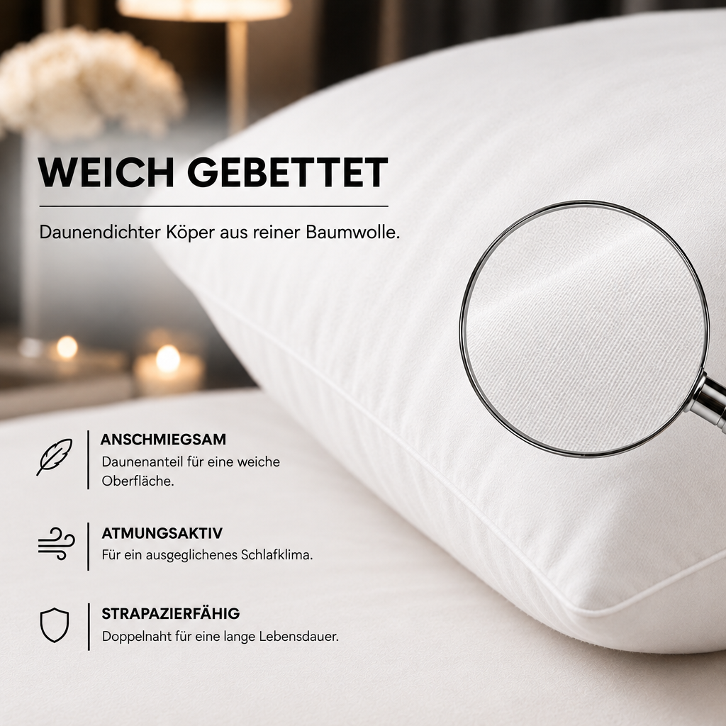 Gänsedaunen Kopfkissen mit 15 % Daunen – Detailansicht mit Lupe