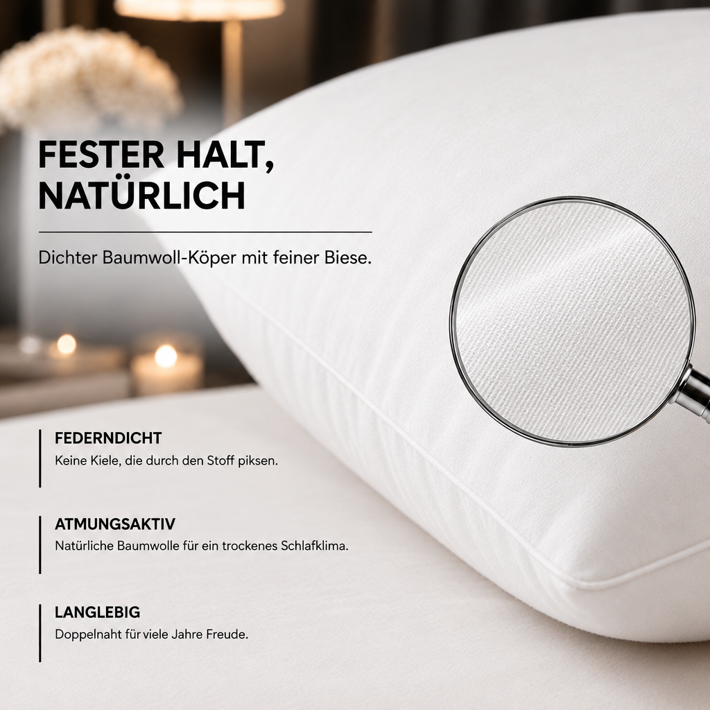 Gänsefedern Kopfkissen in Hotelqualität – Detailansicht mit Lupe