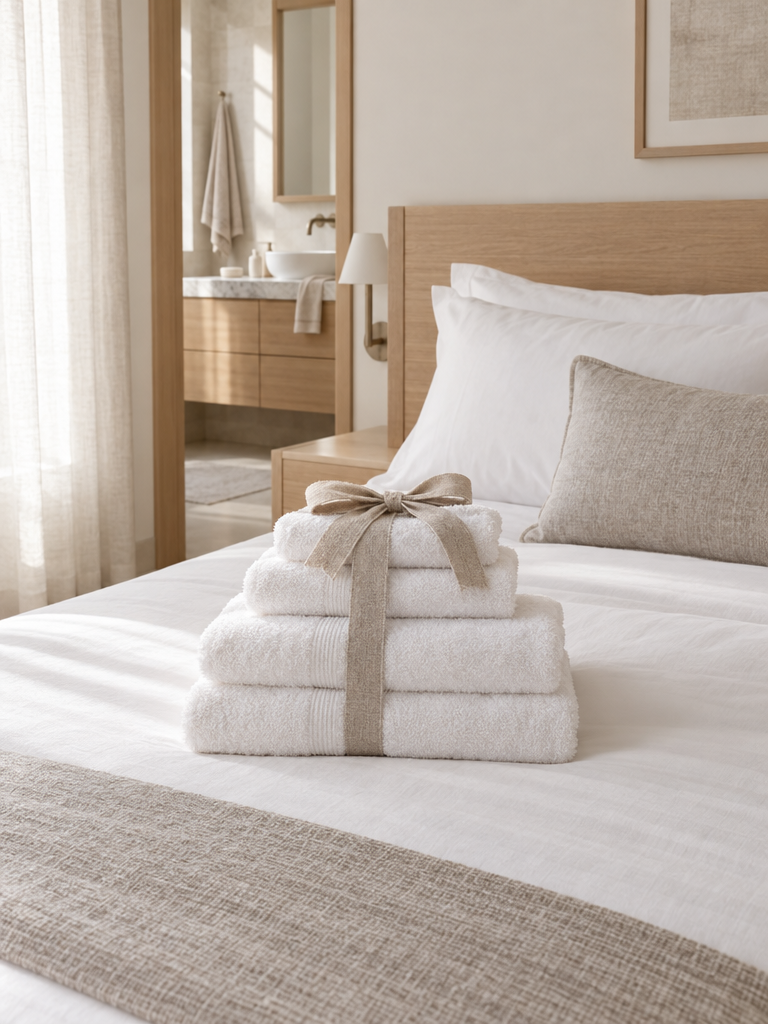 Gäste-Set mit Handtüchern liegt gefaltet auf dem Bett im Gästezimmer