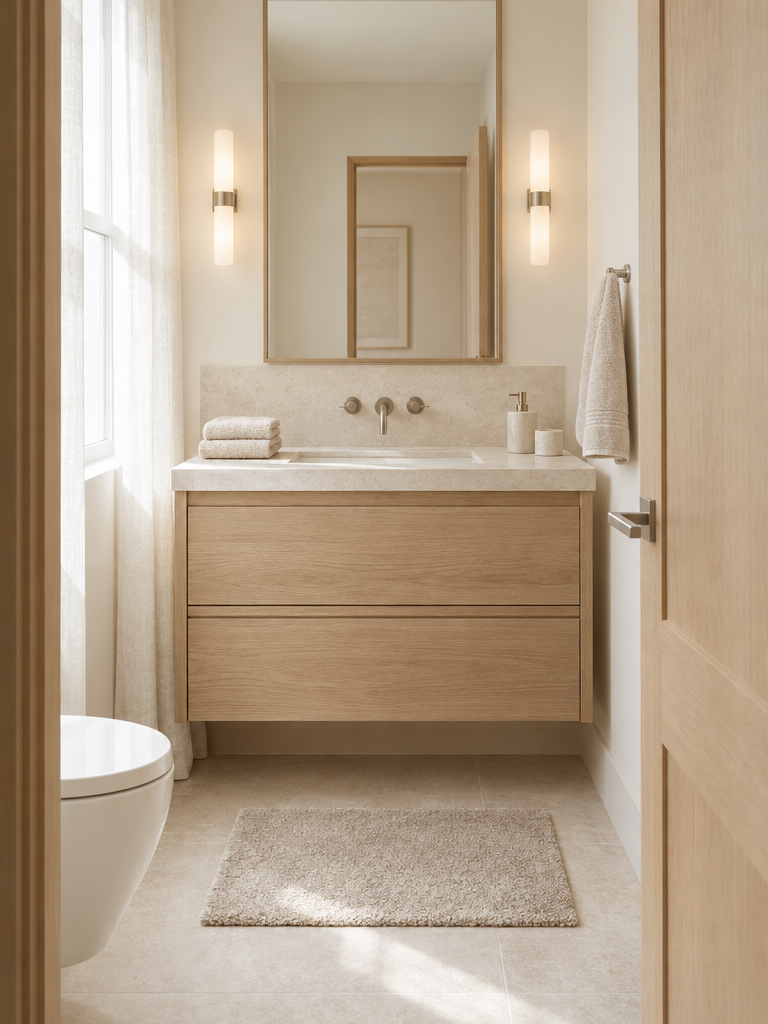 Gästehandtücher kaufen: Gästetücher und passender Badvorleger in Beige im Gäste-WC