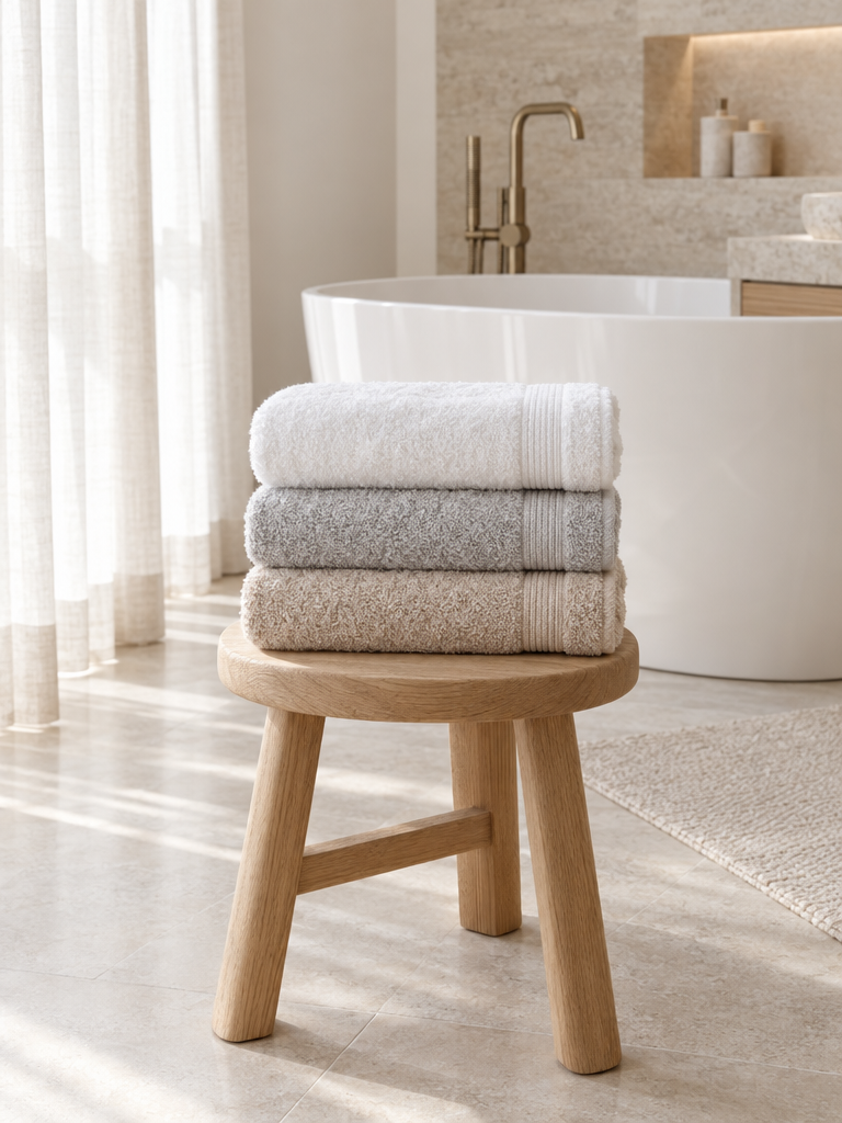Gästehandtücher in Weiß, Grau und Beige als kleiner Stapel auf einem Holzhocker