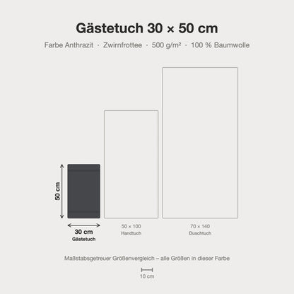 Größenvergleich: Gästetuch 30 x 50 cm in anthrazit dunkelgrau – maßstabsgetreue Infografik