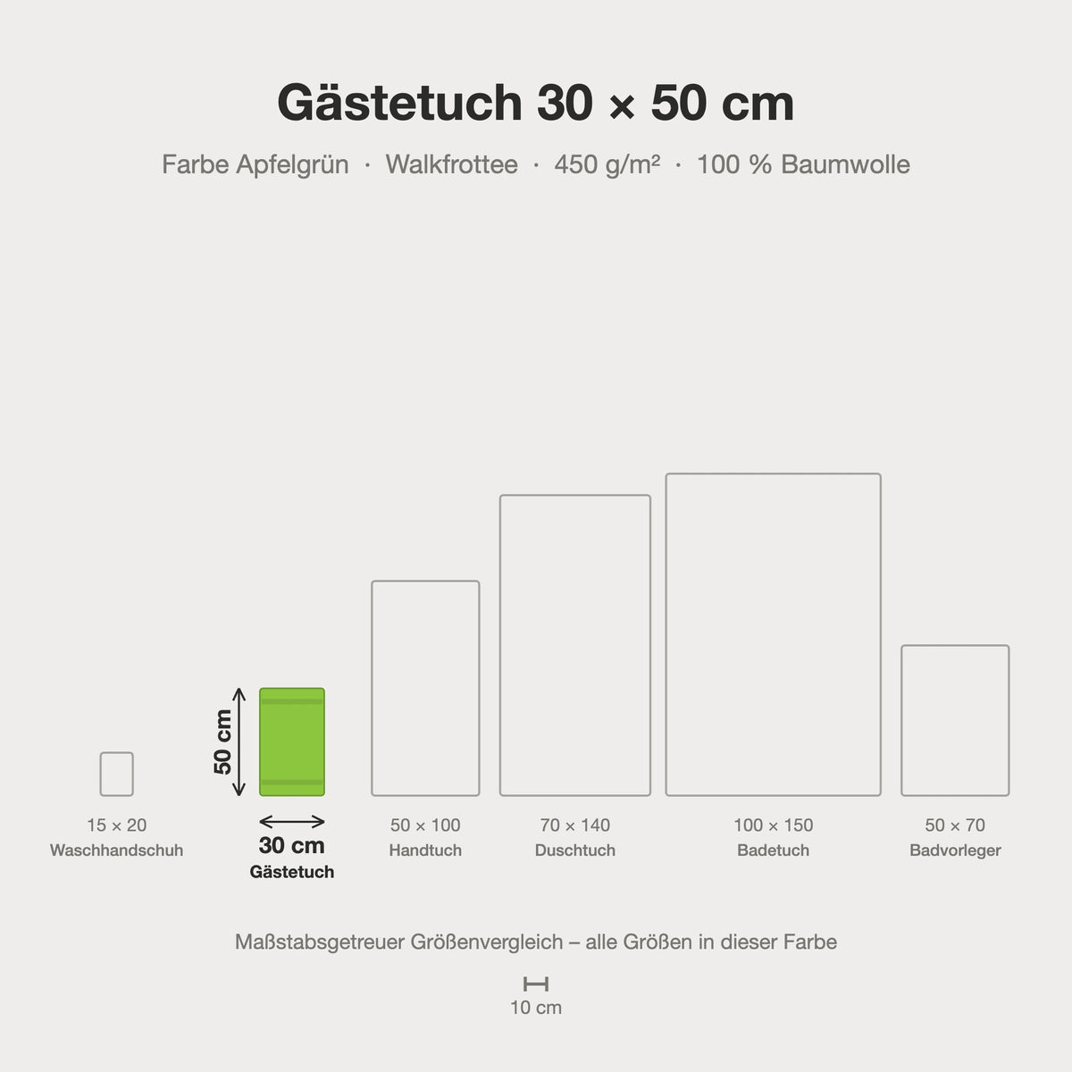 Größenvergleich: Gästetuch 30 x 50 cm in Apfelgrün – maßstabsgetreue Infografik