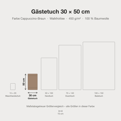 Größenvergleich: Gästetuch 30 x 50 cm in Cappuccino-Braun – maßstabsgetreue Infografik