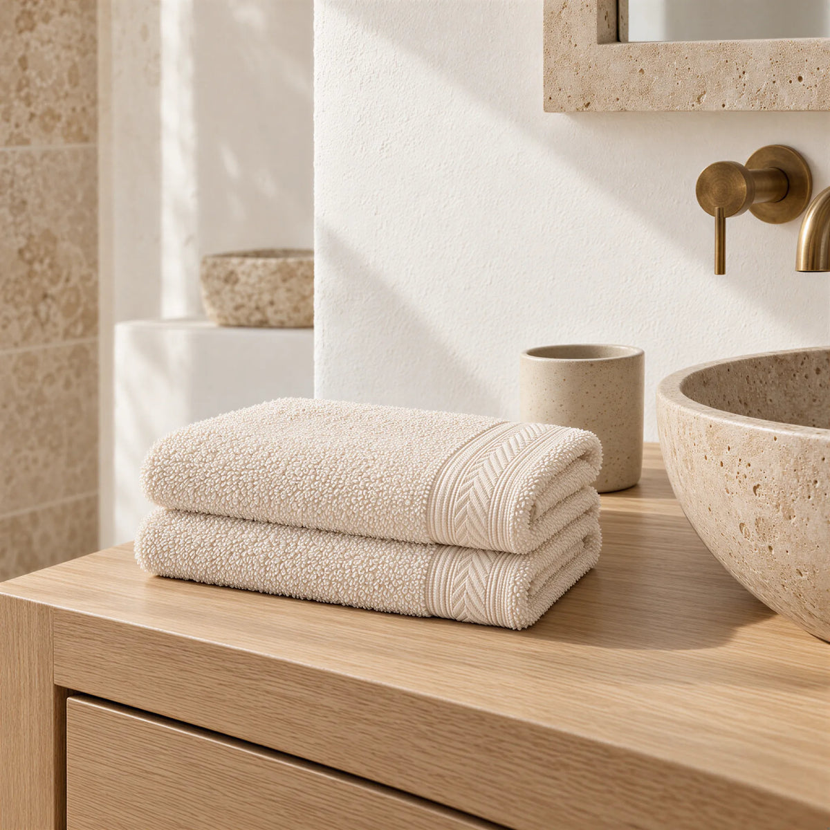 Gästetuch Creme-Beige aus Walkfrottee im hellen Badezimmer