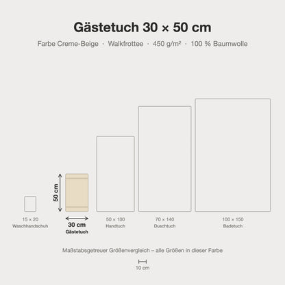 Größenvergleich: Gästetuch 30 x 50 cm in Creme-Beige – maßstabsgetreue Infografik