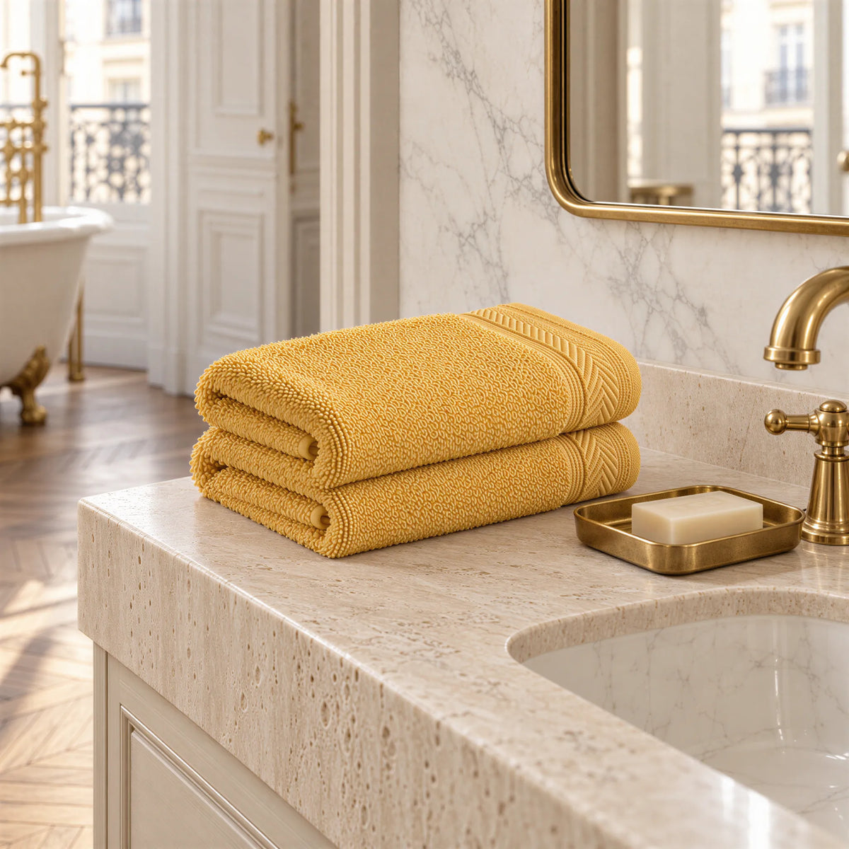 Gästetuch Gold aus Walkfrottee im hellen Badezimmer
