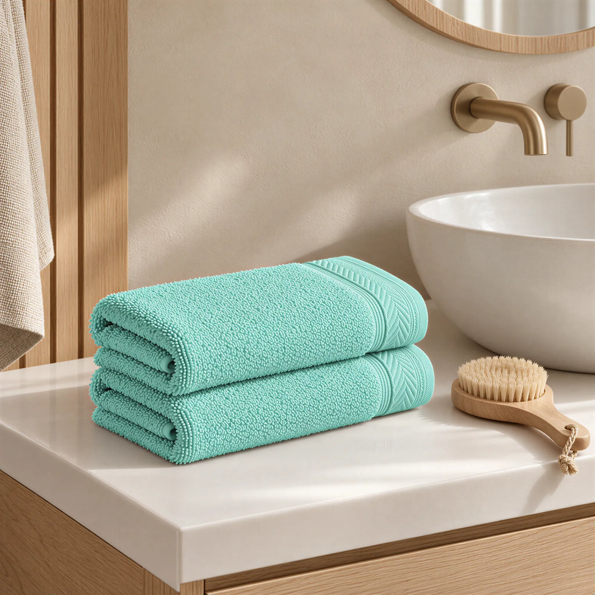 Gästetuch Mint aus Walkfrottee im hellen Badezimmer