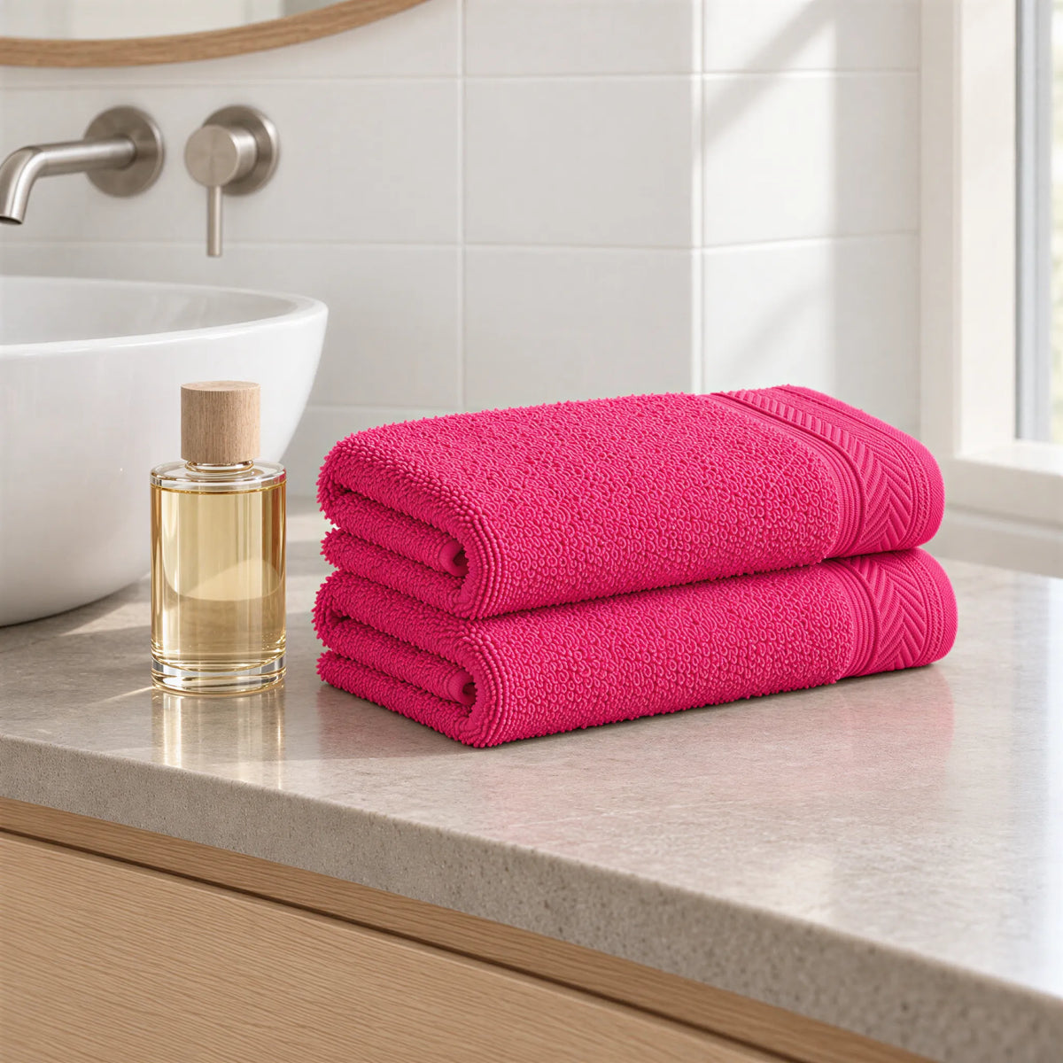 Gästetuch Pink aus Walkfrottee im hellen Badezimmer