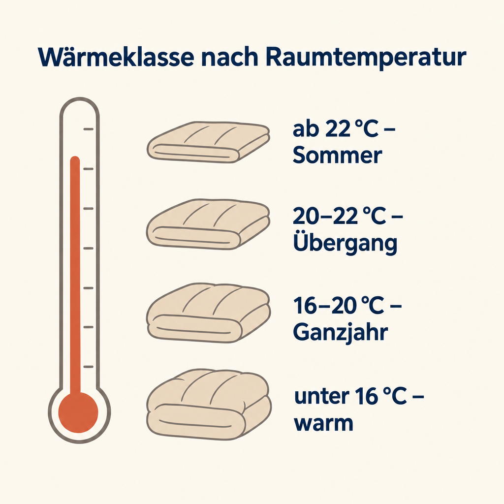 Grafik: Wärmeklassen für die Bettdecke 135x200 nach Raumtemperatur