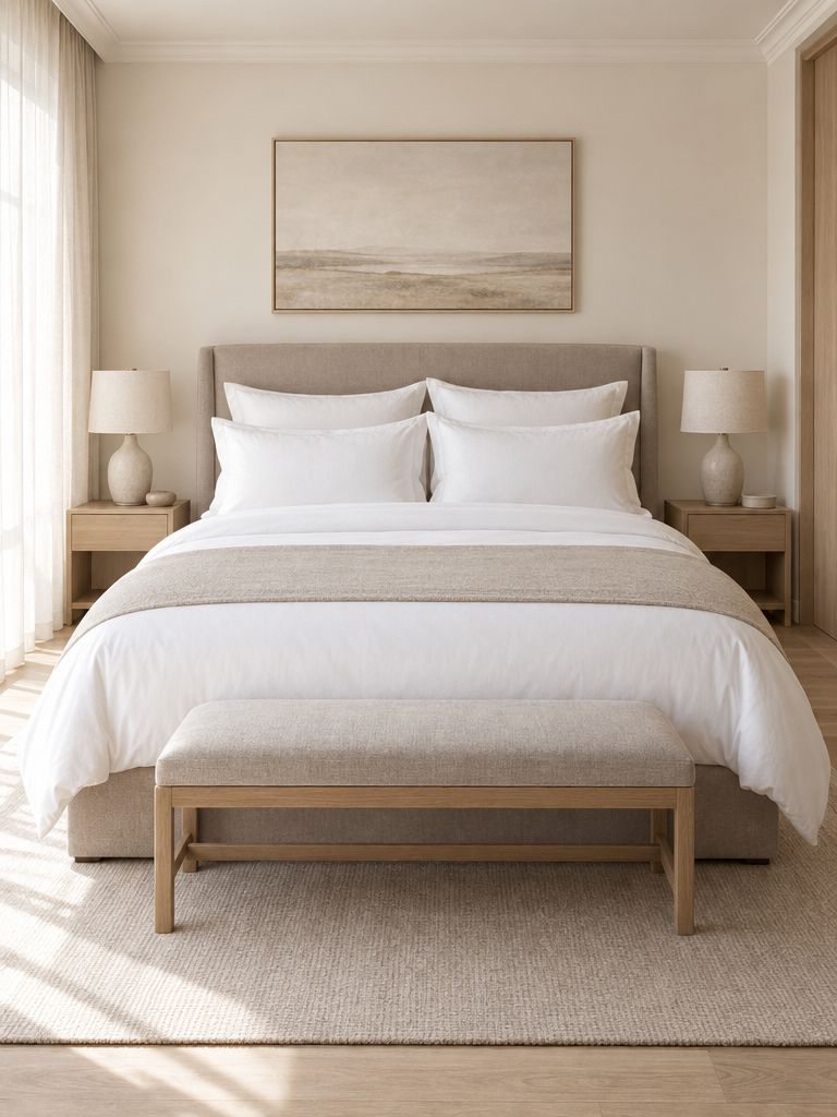 Ganzjahresdecke in Hotelqualität mit Bettläufer in Sand auf einem gemachten Bett