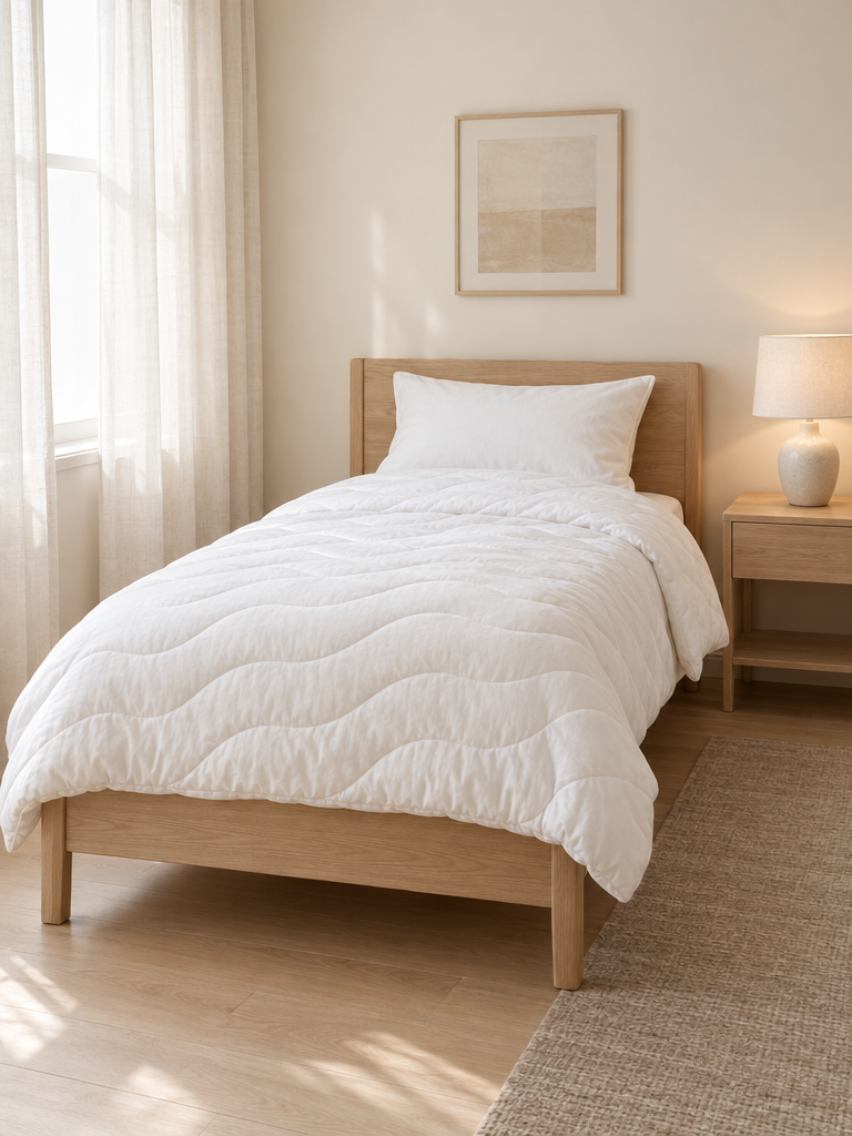 Ganzjahresdecken für das Einzelbett: Decke auf einem schmalen Bett aus heller Eiche