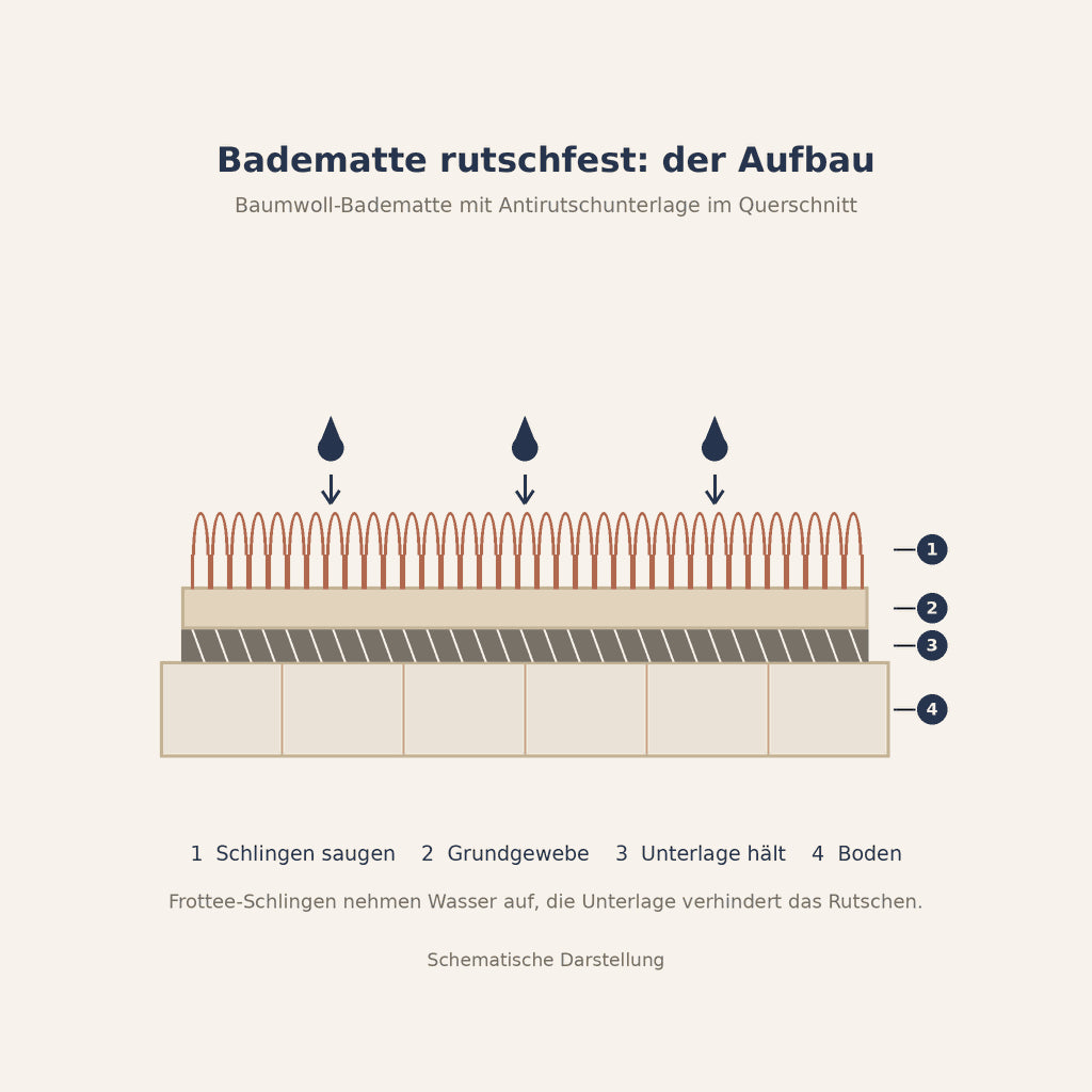 Grafik: Badematte rutschfest mit Antirutschunterlage im Querschnitt