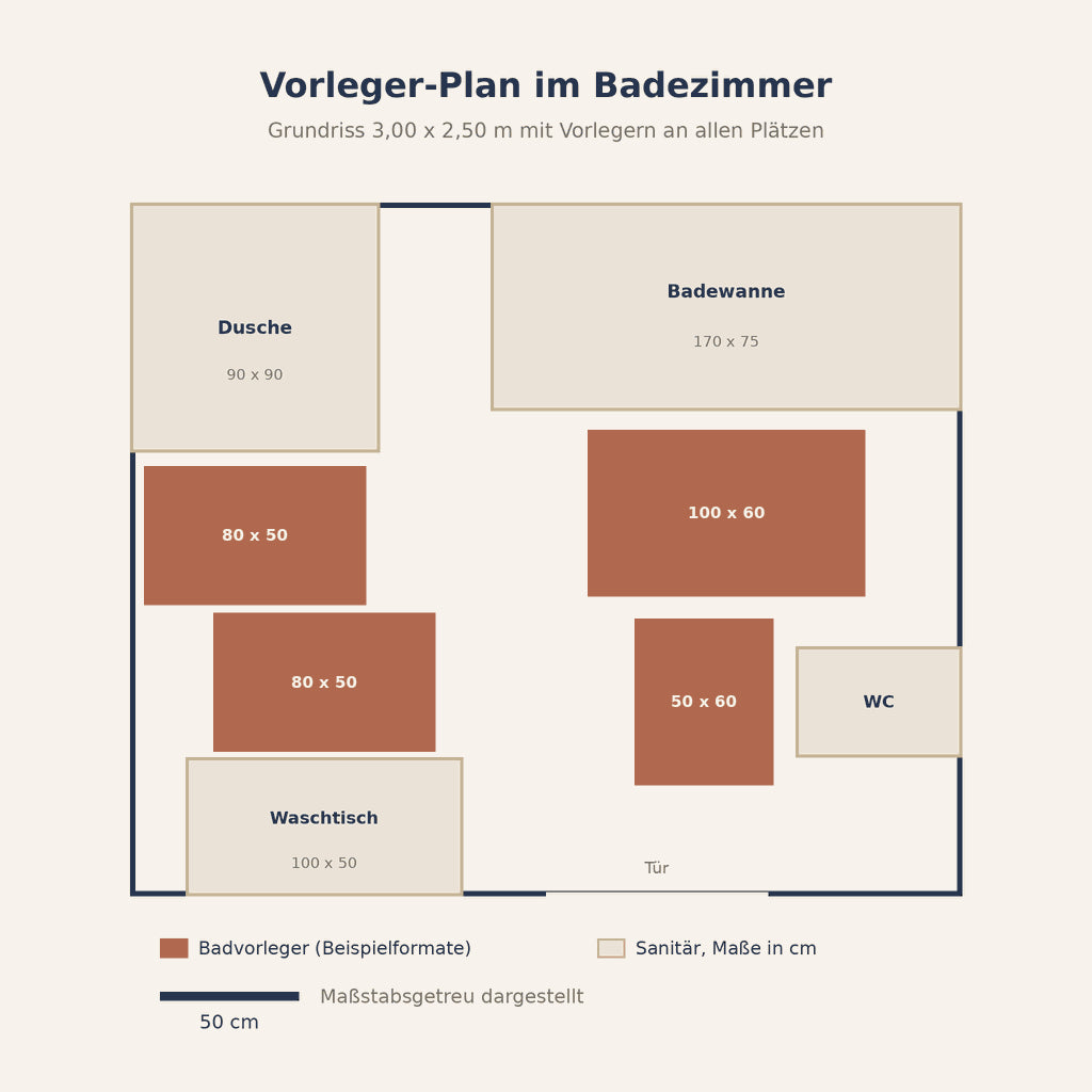 Grafik: Badvorleger-Plan im Grundriss eines Badezimmers mit 3,00 x 2,50 m