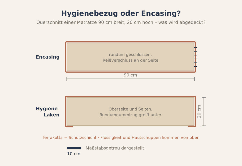 Grafik: Hygienebezug oder Encasing – Matratze im Querschnitt verglichen