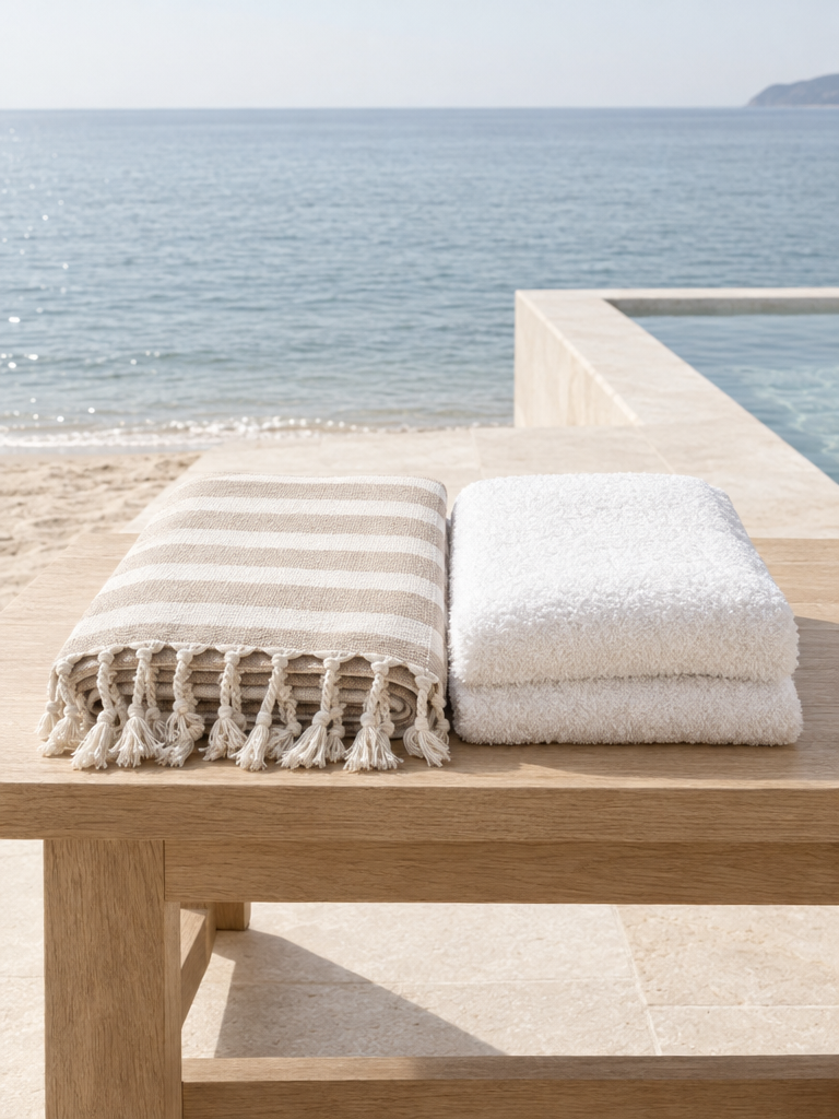 Gestreiftes Hamam-Strandtuch neben einem Frottee-Strandtuch