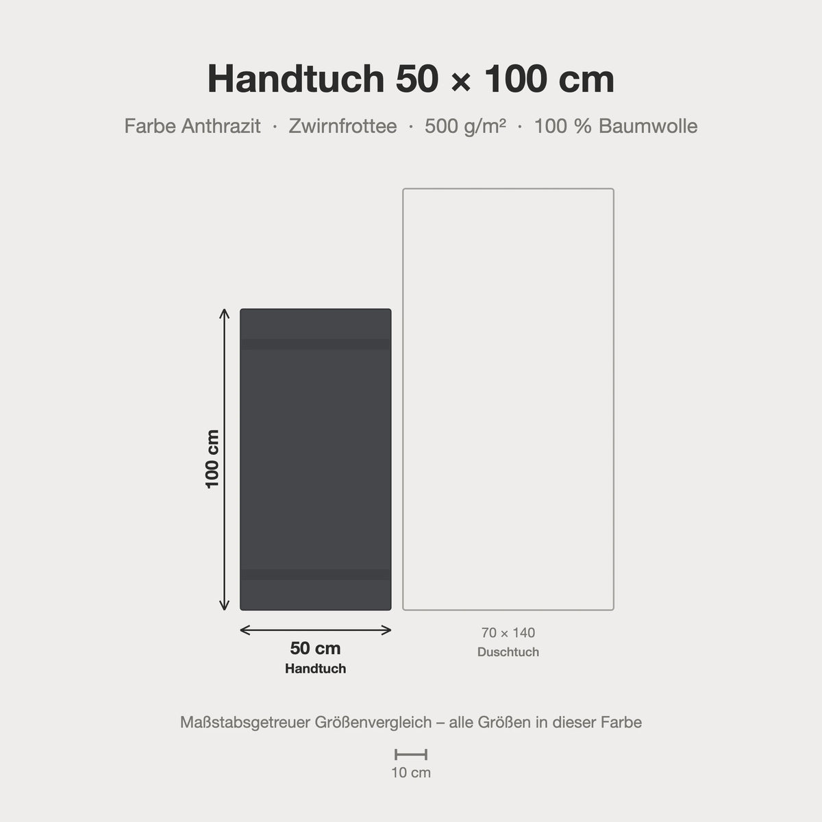 Größenvergleich: Handtuch 50 x 100 cm in anthrazit dunkelgrau – maßstabsgetreue Infografik