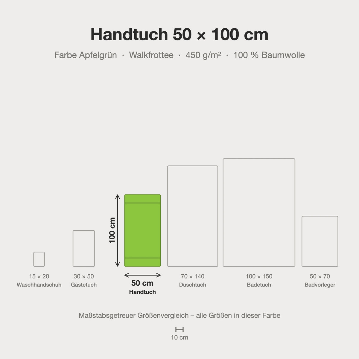 Größenvergleich: Handtuch 50 x 100 cm in Apfelgrün – maßstabsgetreue Infografik