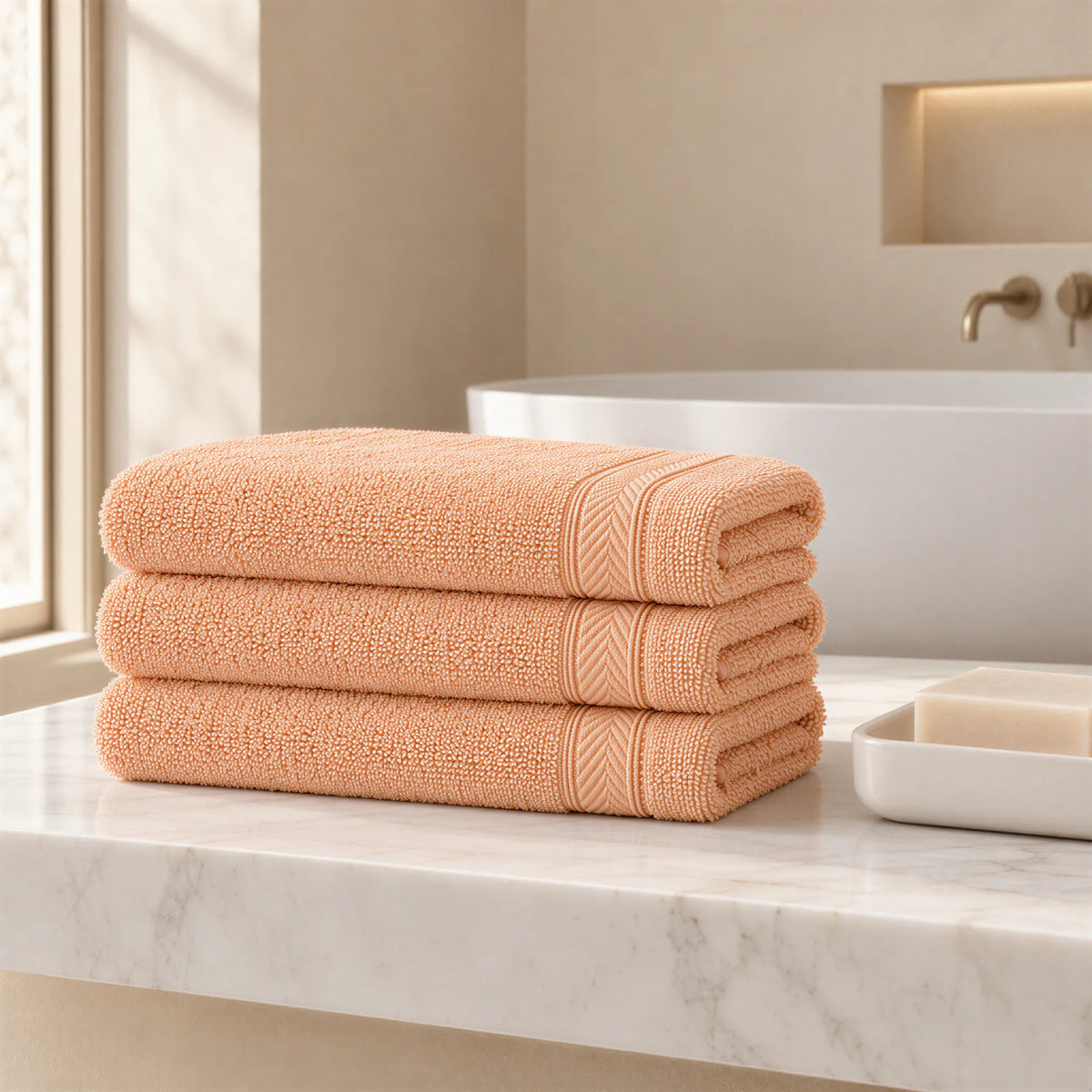 Handtuch Apricot aus Walkfrottee im hellen Badezimmer