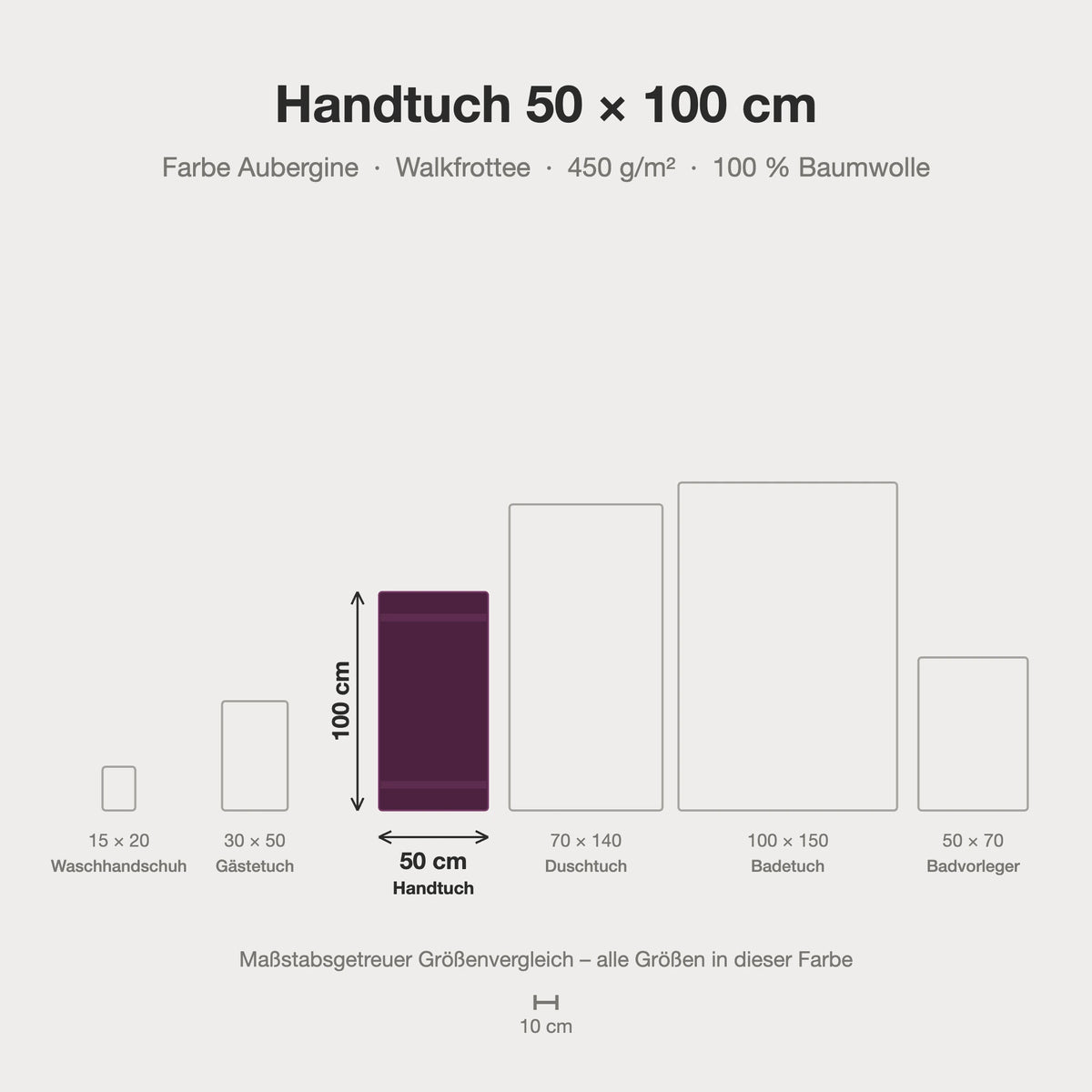 Größenvergleich: Handtuch 50 x 100 cm in Aubergine – maßstabsgetreue Infografik