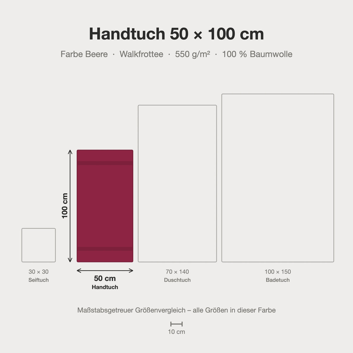 Maßstabsgetreue Größen-Infografik: Handtuch 50 x 100 cm in beere