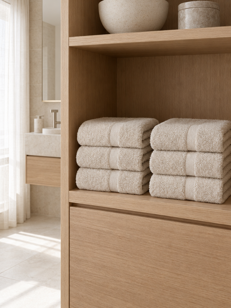 Handtuch beige 50x100 ordentlich gefaltet im Regal wie im Hotel