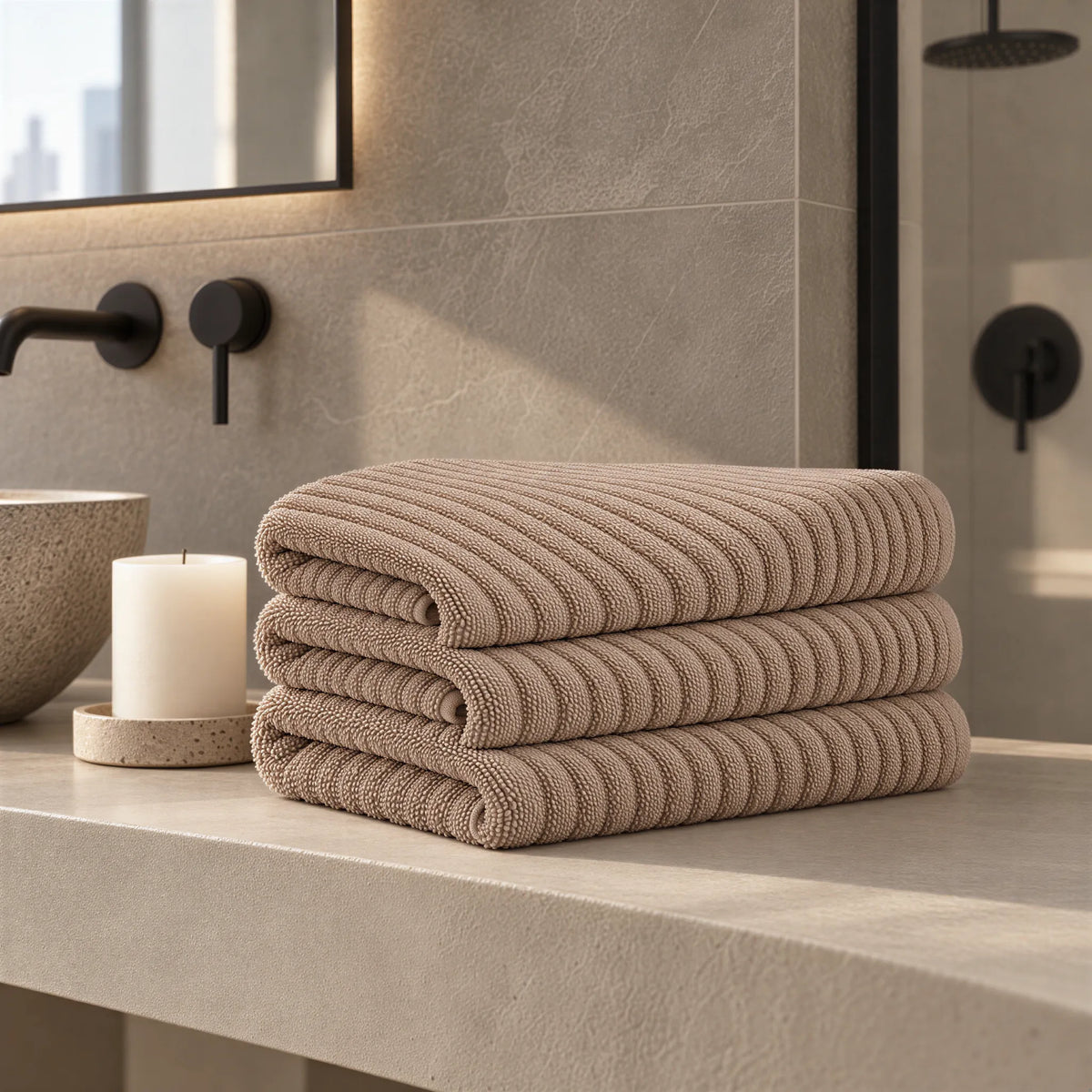 Handtuch cappuccino braun aus Zwirnfrottee im hellen Badezimmer