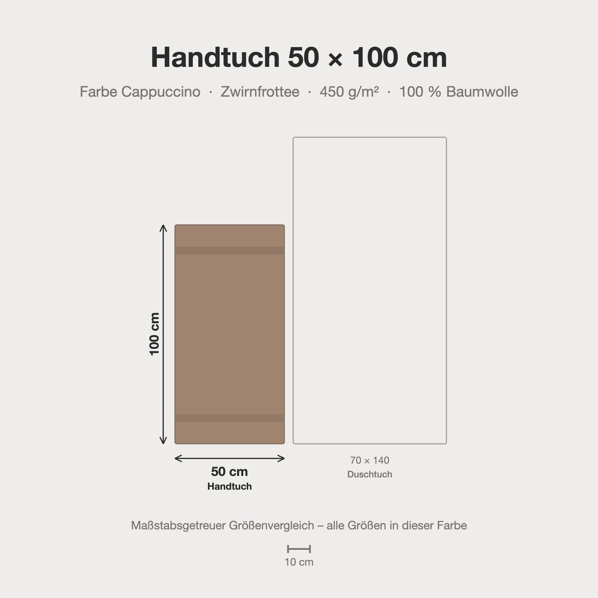 Größenvergleich: Handtuch 50 x 100 cm in cappuccino braun – maßstabsgetreue Infografik