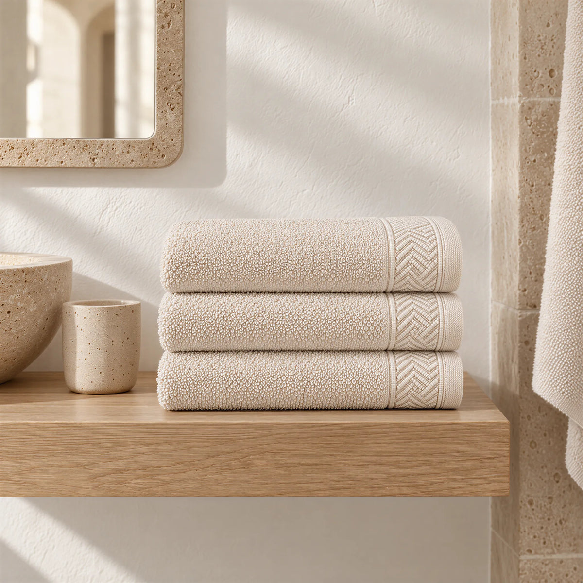 Handtuch creme beige im hellen Badezimmer