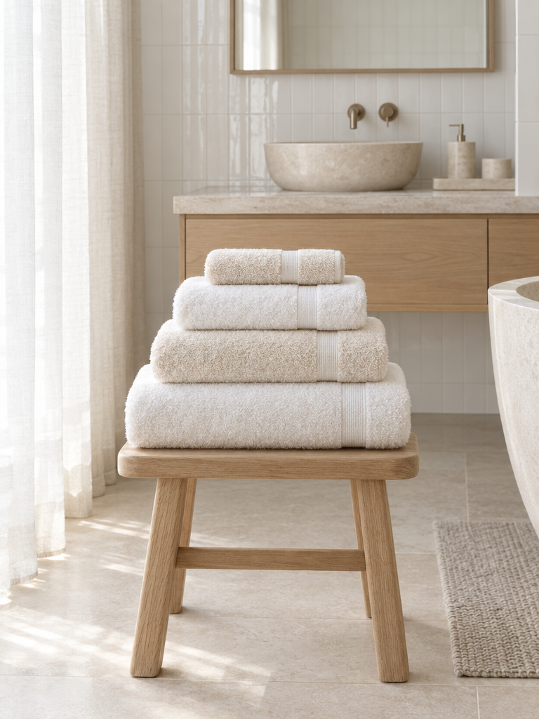 Stapel aus Handtuch, Duschtuch und Badetuch in Creme und Weiß