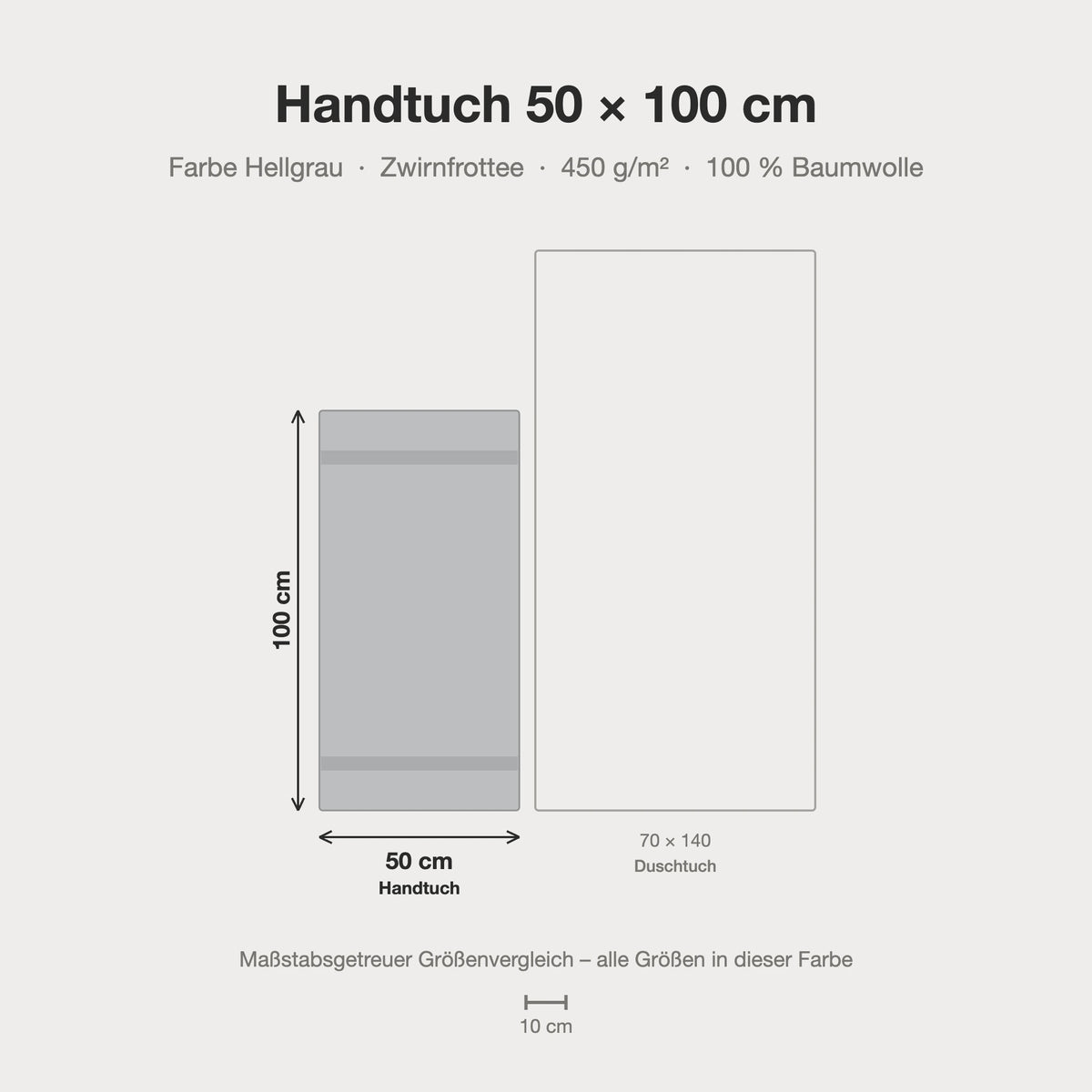 Größenvergleich: Handtuch 50 x 100 cm in grau – maßstabsgetreue Infografik