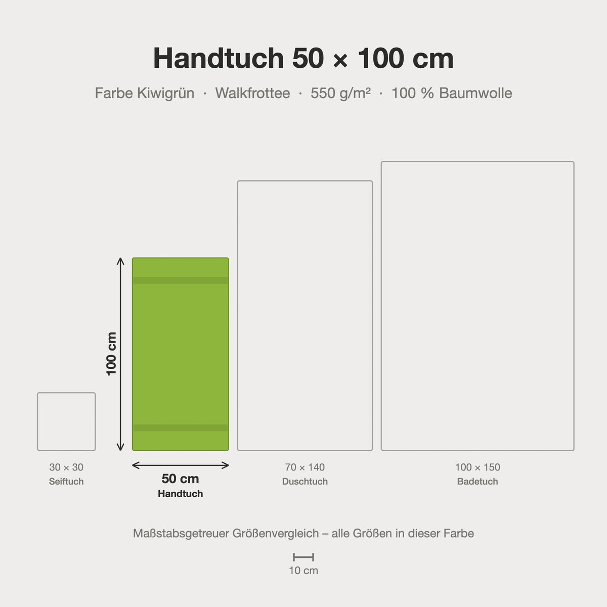 Maßstabsgetreue Größen-Infografik: Handtuch 50 x 100 cm in kiwigrün