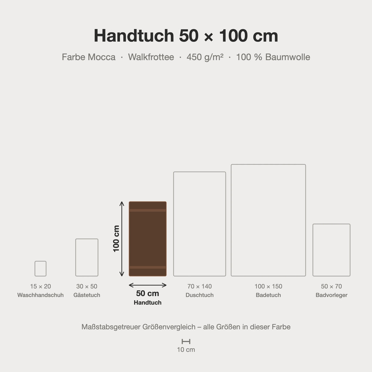 Größenvergleich: Handtuch 50 x 100 cm in Mocca – maßstabsgetreue Infografik