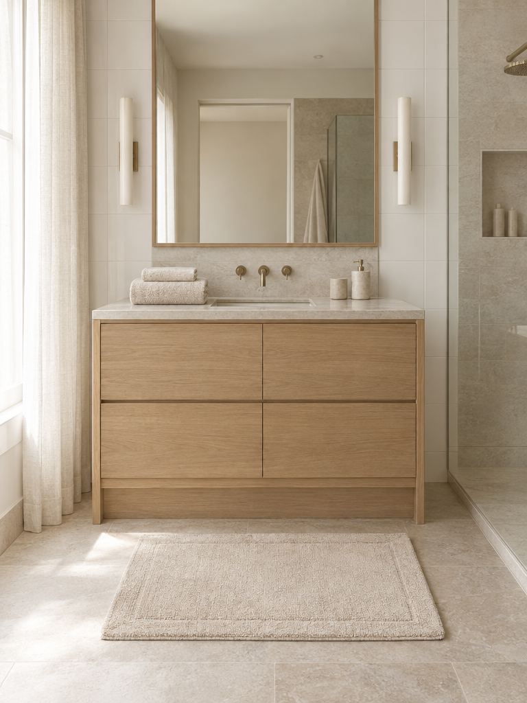 Handtuch-Set in Beige mit passender Badematte vor dem Waschtisch