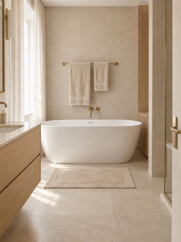 Handtuch Set beige mit passender Badematte im selben Farbton vor der Badewanne