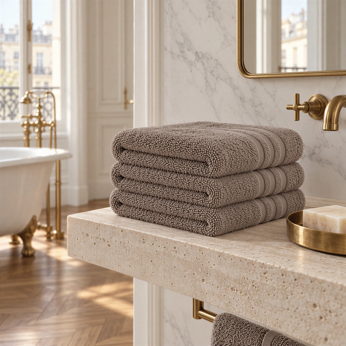 Handtuch taupe im hellen Badezimmer